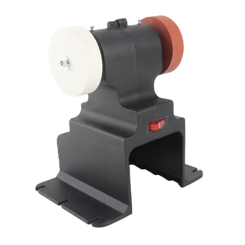Rock Solid Mini Bench Grinder Featuring 18V Cordless Battery Power And A No Nonsense 250W Motor, compact black and red design with two wheels.