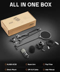 XLR Condenser Microphone Kit With 25mm Diaphragm For Streaming And Podcasting, includes boom arm, pop filter, and accessories.