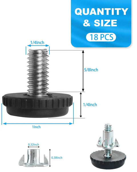 18 Pack 1/4-20 Threaded Furniture Levelers With Inserts For Desks Chairs Cabinets And Stool Legs, Adjustable Feet For Stable Smooth Movement And Floor Protection On Uneven Floors
