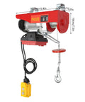650 Watt Electric Cable Hoist 660 Lbs Capacity With Wireless Remote Control And Towing Sling, red and gray with hook.