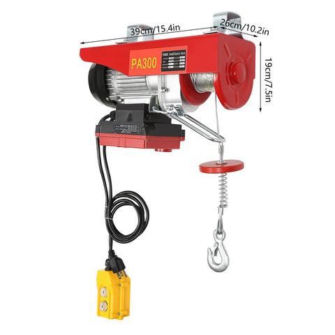 650 Watt Electric Cable Hoist 660 Lbs Capacity With Wireless Remote Control And Towing Sling, red and gray with hook.