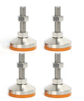 Built Tough Heavy Duty Adjustable Leveling Feet 4 Pack M12 Thread Support Leg Stainless Steel Chassis Mount No Sweat Setup Base close-up of four adjustable feet with orange non-slip cups.