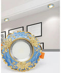 JUDYSSY Vintage Resin Downlight Round Recessed Lighting Housing Trim Kits LED Recessed Lighting LED Round Ceiling Light Kit Ceiling Lights Fixture Or Flat Baffle Trim,Blue-7W ornate blue and gold design showcasing round LED ceiling light in modern home setting.