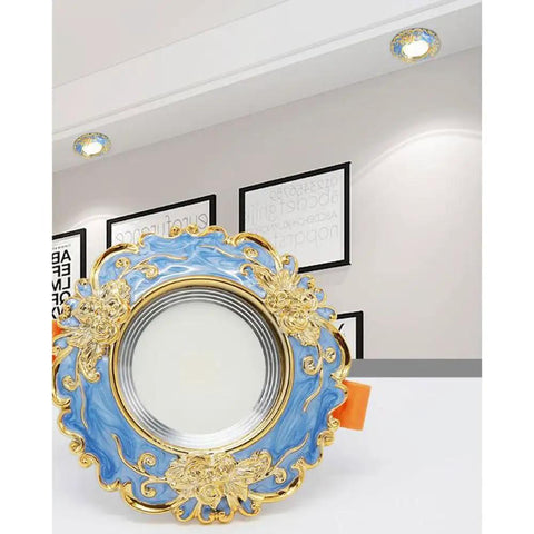 JUDYSSY Vintage Resin Downlight Round Recessed Lighting Housing Trim Kits LED Recessed Lighting LED Round Ceiling Light Kit Ceiling Lights Fixture Or Flat Baffle Trim,Blue-7W ornate blue and gold design showcasing round LED ceiling light in modern home setting.