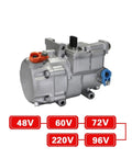 Ultra Low Noise 48V Electric AC Compressor features silver metal casing, multiple voltage options, ideal for automotive use.