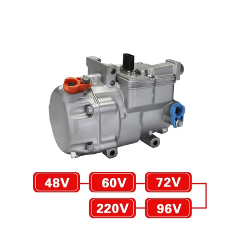 Ultra Low Noise 48V Electric AC Compressor features silver metal casing, multiple voltage options, ideal for automotive use.