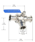 QiiMii 1.5-in tri-clamp sanitary ball valve, stainless steel 304 PTFE-lined, blue lever, 3-way T-port, 1-1/2 in tube OD