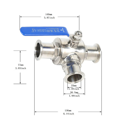 QiiMii 1.5-in tri-clamp sanitary ball valve, stainless steel 304 PTFE-lined, blue lever, 3-way T-port, 1-1/2 in tube OD