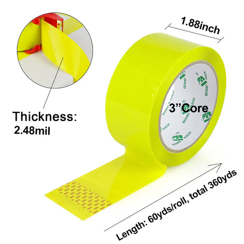 Heavy Duty Light Yellow Packing Tape Refills, 2.5 Mil Thick, 63 Mic Adhesion, 1.88 Inch Wide By 60 Yards, 6 Rolls For Boxes