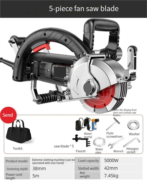 Heavy Duty Wall Grooving Machine 4500W Electric Concrete Chaser with 5-piece fan saw blade and toolkit