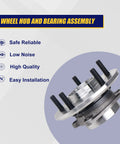 Front Wheel Bearing And Hub Assembly Two Piece Set For Dodge Journey 2009 2017 And Ram ProMaster 1500 2500 3500 Front 2014 2015 With 5 Lug Bolts And ABS Direct Fit Replacement showing product features.