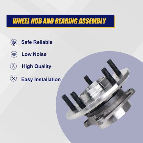Front Wheel Bearing And Hub Assembly Two Piece Set For Dodge Journey 2009 2017 And Ram ProMaster 1500 2500 3500 Front 2014 2015 With 5 Lug Bolts And ABS Direct Fit Replacement showing product features.
