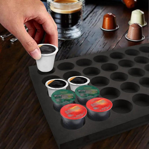 Person placing a coffee pod into Neat 40 Pod Coffee Pod Organizer Drawer Tray For K Cup Keurig Pods Compatible Holder In Kitchen Office And Home Storage Keeps 40 Pods Within Easy Reach And Makes Countertop Clutter A Non Issue.