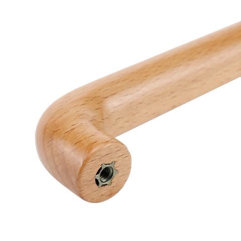 Close-up of 8 Pack Arch Wooden Cabinet Pulls Beech Wood Drawer Handles with natural finish, showing corner and screw hole, 5.04 inch hole centers.