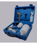 Handheld Airbrush Spray Gun Kit With Gravity Feed Paint Sprayer And Rust Proof Steel Body Adjustable Nozzles Built Like A Tank For Smoother Application Crush Your Car Painting Projects Fast in blue case open showing accessories.