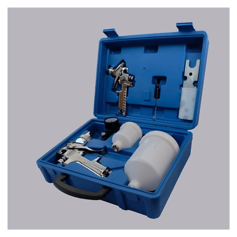 Handheld Airbrush Spray Gun Kit With Gravity Feed Paint Sprayer And Rust Proof Steel Body Adjustable Nozzles Built Like A Tank For Smoother Application Crush Your Car Painting Projects Fast in blue case open showing accessories.