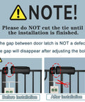Installation notice for Extra Wide Walk Through Baby Gate For Kids And Fur Babies, showing gap adjustment after tightening bolts.