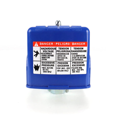 LF16 Water Pump Pressure Switch Adjustable 30 50 Psi with safety warnings on blue casing.