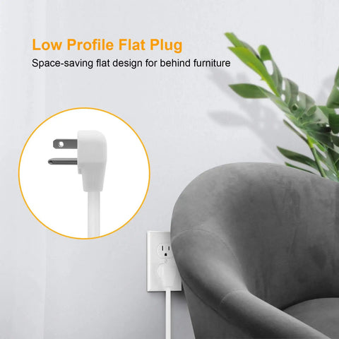 Heavy Duty 6 Outlet Power Strip With Individual On Off Switches, 8 Foot Flat Plug Extension Cord, wall-mounted behind chair