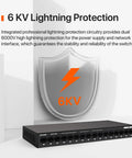 Sixteen Port Gigabit Unmanaged Ethernet Switch With Plug And Play Setup displayed with 6KV lightning protection feature