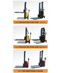 No Sweat Manual Hydraulic Pallet Stacker And Warehouse Lifter Cart With Heavy Duty Swivel Casters For Hauling Big Loads And Powering Through Tight Workshop Floors, showing different angles and types.