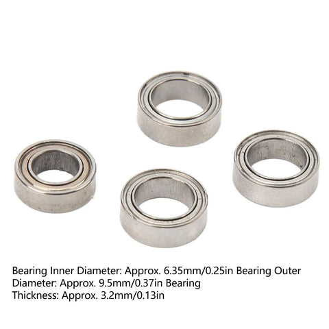 Premium Steel RC Ball Bearings Deliver Slick Low Friction Rolling And Gnarly Track Performance For Tough 1/16 Scale Remote Control Rigs Compatible With Scy Repair Kits, showing four steel ball bearings with varied sizes.