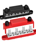 Heavy Duty 250A Power Distribution Block Pair With Thick Copper Busbar Terminal Strips For 12V Marine Boat Truck Car Audio Systems showing black and red bus bars.