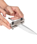 Hands using Hardened File Guide With Carbide Surface For Knife Making A Beefy Knife Maker Tool That Fits Up To 2 Inch Wide Blades Ideal Jig