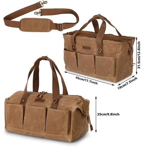 Heavy Duty 18 Inch Waxed Canvas Tool Bag With 12 Spacious Pockets Large Zippered Organizer Built Tough For The Daily Grind Soft Grip Handle Portable Workhorse For Tradesmen