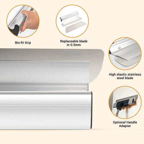 Drywall Skimming Blade Set With 12, 22, And 32 Inch Blades In 0.35mm, Replacement Blades In 0.5mm, ergonomic grip, steel blades.