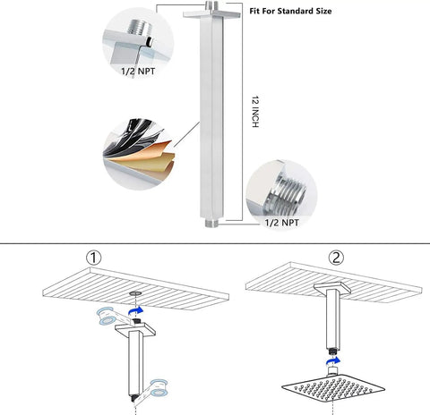Installation guide for Rain Shower Head With Ceiling Arm, Square Stainless Steel 12 Inch Chrome Showerhead