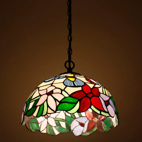 Tiffany Pendant Light Plug In Hummingbird Amber Stained Glass, 12 Inch Hanging Lamp From S101 Series, colorful floral design