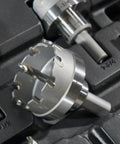 Close-up of Heavy Duty Hole Cutter Kit With Carbide Cutters And Two Pilot Bits In Rust Proof Molded Plastic Case Eight Piece Workhorse Set