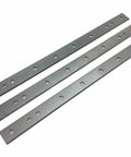 Three planer blades, gray steel, with circular holes, showcased for Two Sets Of Six 12.5 Inch Replacement Planer Blades For DeWalt DW734 Planer DW7342