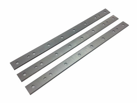 Three planer blades, gray steel, with circular holes, showcased for Two Sets Of Six 12.5 Inch Replacement Planer Blades For DeWalt DW734 Planer DW7342