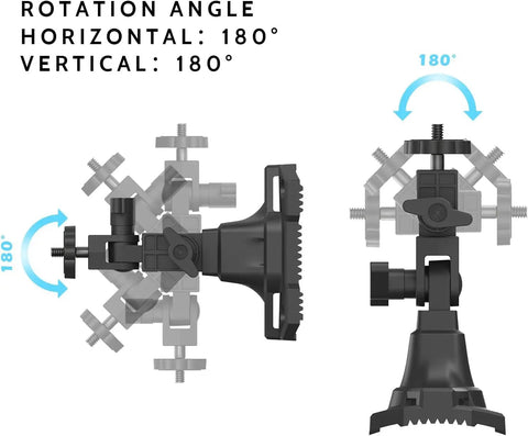 Trail Camera Mounting Bracket With One Quarter Twenty Threaded Insert 360 Degree Rotating Adjustable Holder showing rotation angles.
