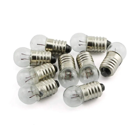 Heavy Duty E10 Miniature Screw Base Light Bulbs 1.5 Volt 0.3 Amp Pack Of Twenty Five stacked in a pile on a white background.