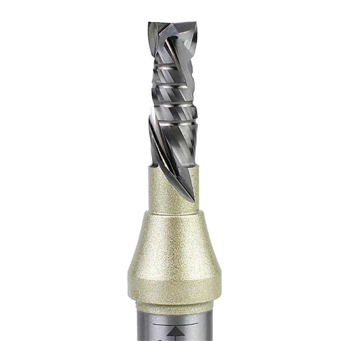 Heavy Duty Compound Spiral Router Bit For CNC Engraving Machine Woodworking Tool Double Veneer Cutting Knife Milling Cutter High Precision Sharp Edge Durable Finish 0.5 Inch Shank Size detailed view of the high precision spiral blade.