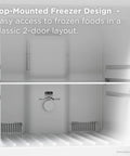 Compact Counter Depth Refrigerator With Top Freezer 11.6 Cubic Feet, Slick Silver Vibe, showing top-mounted freezer interior for easy access.