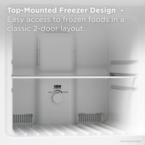 Compact Counter Depth Refrigerator With Top Freezer 11.6 Cubic Feet, Slick Silver Vibe, showing top-mounted freezer interior for easy access.
