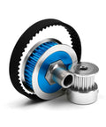 TT02 Beefed Up Belt Drive RC Car Transmission System with 36T and 16T aluminum pulleys for Tamiya 1 by 10 4WD RC cars, blue color