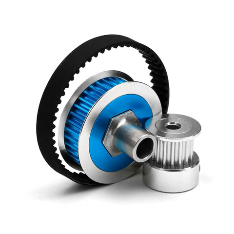TT02 Beefed Up Belt Drive RC Car Transmission System with 36T and 16T aluminum pulleys for Tamiya 1 by 10 4WD RC cars, blue color