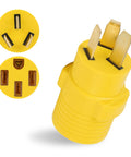 Heavy Duty Nema 10 50P To 14 50R Adapter connects three prong male plug to four prong female receptacle in yellow.