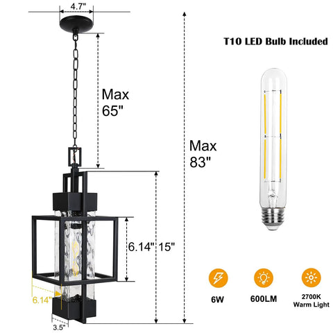 Top Tier 15 Inch Outdoor Indoor Pendant Light Featuring Heavy Duty Black Metal And Thick Water Seeded Glass with dimmable T10 LED bulb.