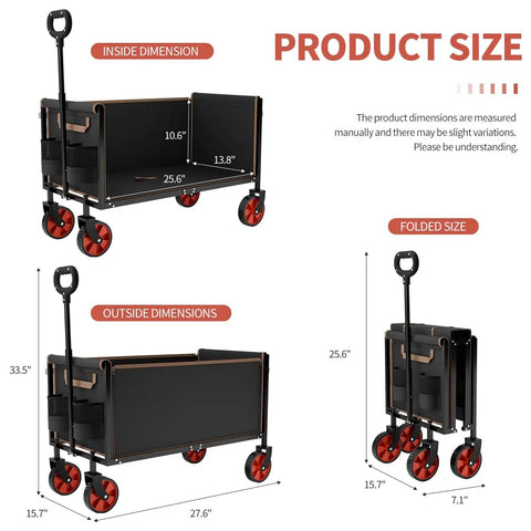 All Terrain Collapsible Wagon Cart With 220 Lb Load Capacity product dimensions and folded view