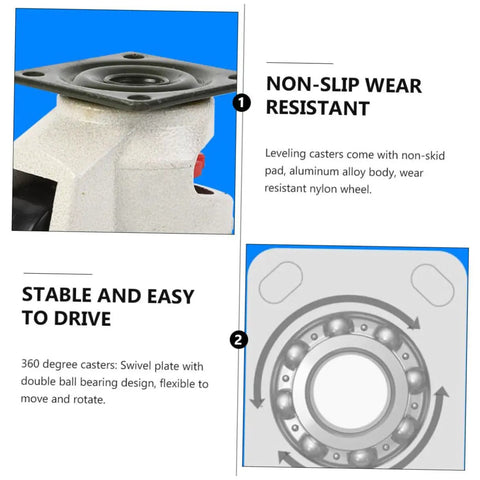 Real Deal Heavy Duty Swivel Caster Wheels Set With Adjustable Leveling Feet four-piece kit, showing non-slip base and ball bearing swivel design.