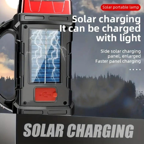 Solar Flashlight With USB C Rechargeable Power Bank showing solar panel charging outdoors