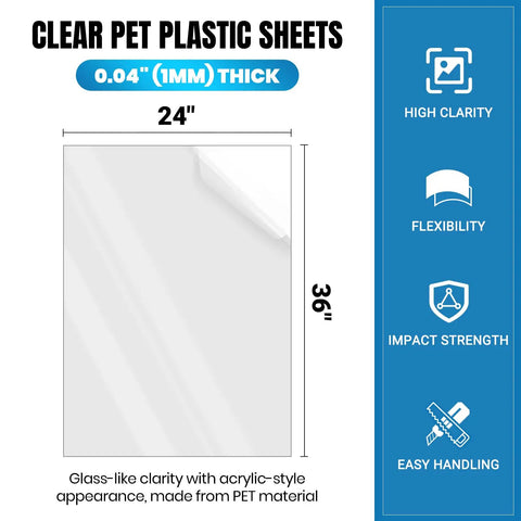 Top Shelf Clarity PET Plastic Sheets 3 Pack 24 By 36 Inches 0.04 Thick Shatterproof Plexiglass Alternative showing high clarity and dimensions.
