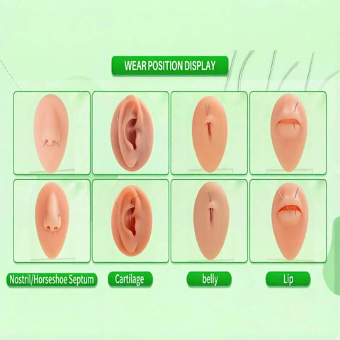 Piercing Taper Ball Grabber Tool Kit For Quick Jewelry Swaps display showing nostril, cartilage, belly, and lip positions.