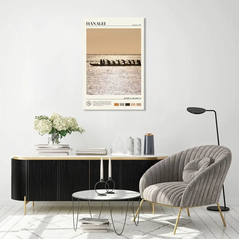 Interior with Hanalei Bay Sunset Outrigger Canoe Silhouette Canvas Print Wall Art Dope Coastal Ocean Landscape Poster for Living Room